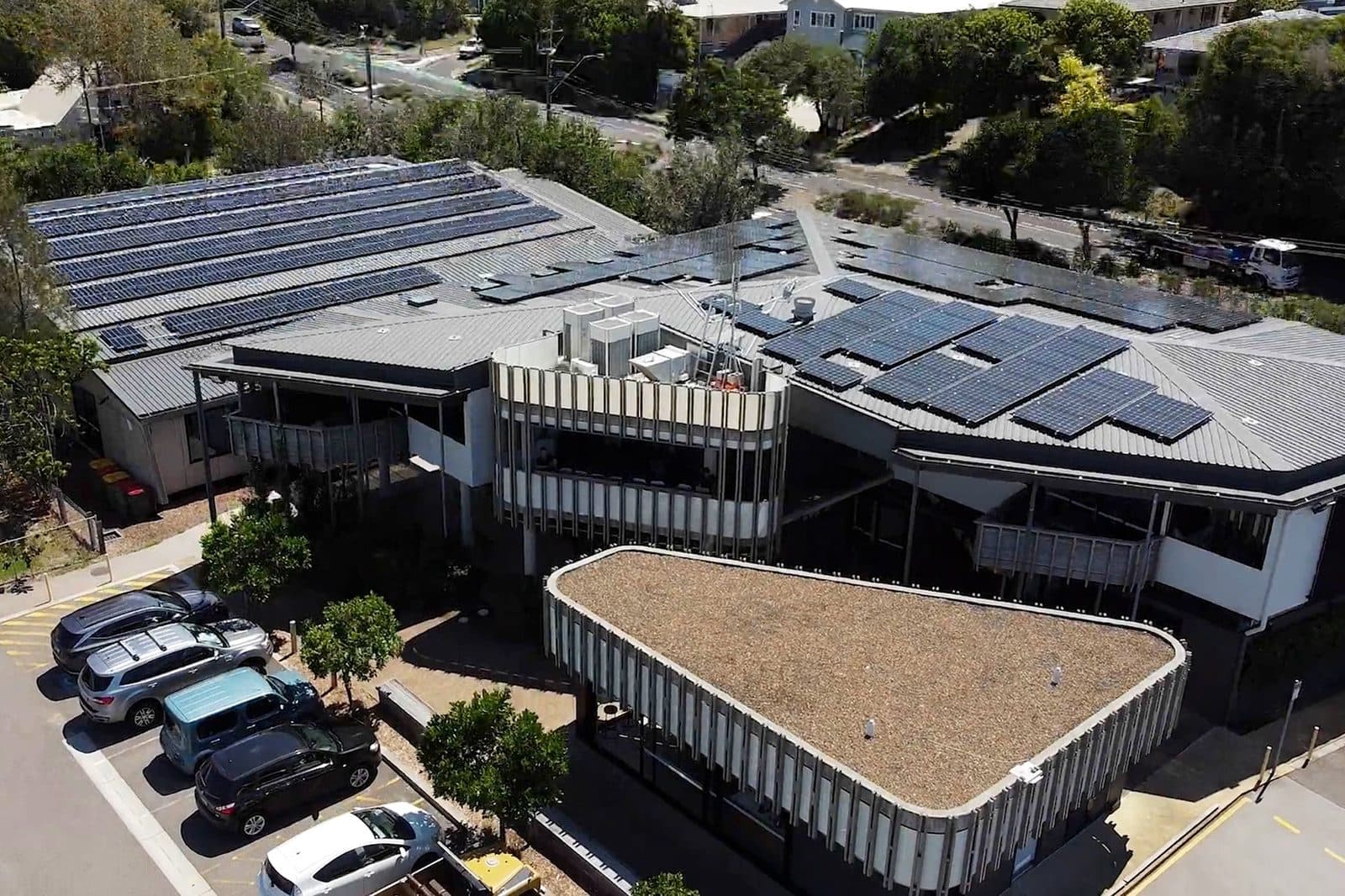 The Peregian Digital Hub building seen from above, with solar panels on the roof